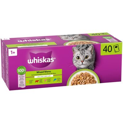 40x85g Whiskas 1+ Adult Verszakjes Mixed Menu in Gelei (4 soorten) nat kattenvoer 40x85g Whiskas 1+ Adult Verszakjes Mixed Menu in Gelei (4 soorten) nat kattenvoer