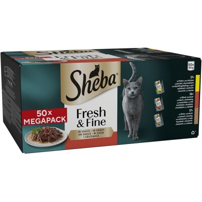 Multipack Sheba Fresh Fijne vershoudzakjes 50 x 50 g - met kip, rundvlees & eend in saus Multipack Sheba Fresh Fijne vershoudzakjes 50 x 50 g - met kip, rundvlees & eend in saus
