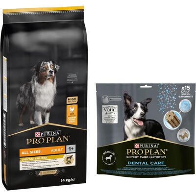12 kg of 14 kg Pro Plan droogvoer voor honden + 345 g/426 g Pro Plan Dental Care hondensnack gratis! - All Sizes Adult Light/Sterilised Kip & Rijst 14 kg 12 kg of 14 kg Pro Plan droogvoer voor honden + 345 g/426 g Pro Plan Dental Care hondensnack gratis! - All Sizes Adult Light/Sterilised Kip & Rijst 14 kg