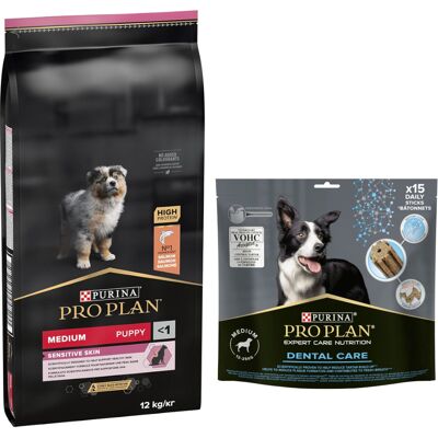 12 kg of 14 kg Pro Plan droogvoer voor honden + 345 g/426 g Pro Plan Dental Care hondensnack gratis! - Medium Puppy Sensitive Skin 12 kg 12 kg of 14 kg Pro Plan droogvoer voor honden + 345 g/426 g Pro Plan Dental Care hondensnack gratis! - Medium Puppy Sensitive Skin 12 kg