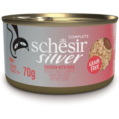 12x70g Schesir Silver Senior Kip Eend natvoer voor katten 12x70g Schesir Silver Senior Kip Eend natvoer voor katten
