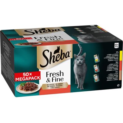 Multipack Sheba Fresh Fijne vershoudzakjes 50 x 50 g - met kip, rundvlees & eend in saus Multipack Sheba Fresh Fijne vershoudzakjes 50 x 50 g - met kip, rundvlees & eend in saus