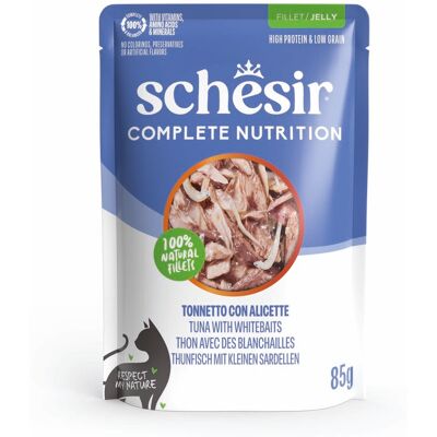 Voordeelpakket: 24x85g Schesir Complete Nutrition filet in gelei tonijn met witte vis natvoer voor katten Voordeelpakket: 24x85g Schesir Complete Nutrition filet in gelei tonijn met witte vis natvoer voor katten