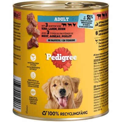 12x800g Rund, lam & Kip in paté Pedigree Classic natvoer voor honden 12x800g Rund, lam & Kip in paté Pedigree Classic natvoer voor honden