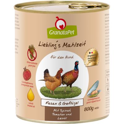 6x800g GranataPet Lievelingsmaaltijd Fazant & Gevogelte met Spinazie, Tomaten & Lijnolie Hondenvoer 6x800g GranataPet Lievelingsmaaltijd Fazant & Gevogelte met Spinazie, Tomaten & Lijnolie Hondenvoer