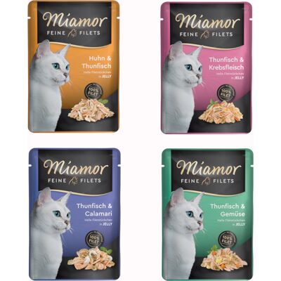 Voordeelpakket Miamor Fijne Filets 24 x 100 g Kattenvoer - Mix: Kip/Tonijn, Tonijn/Krab, Tonijn/Calamari, Tonijn/Groente Voordeelpakket Miamor Fijne Filets 24 x 100 g Kattenvoer - Mix: Kip/Tonijn, Tonijn/Krab, Tonijn/Calamari, Tonijn/Groente