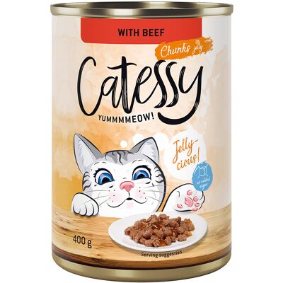 24x400g Hapjes in Saus of Gelei met Rund in Gelei Catessy Kattenvoer 24x400g Hapjes in Saus of Gelei met Rund in Gelei Catessy Kattenvoer