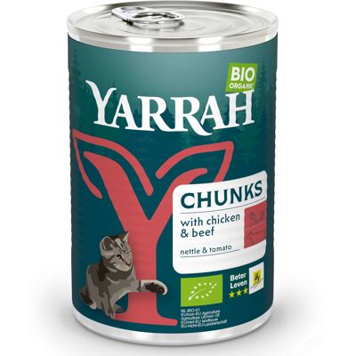 6x405g Bio Brokjes Kip en Rund met Brandnetel & Tomaat Yarrah Kattenvoer 6x405g Bio Brokjes Kip en Rund met Brandnetel & Tomaat Yarrah Kattenvoer