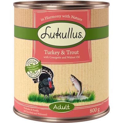Lukullus Natuurkost Adult Graanvrij Hondenvoer 6 x 800 g - Kalkoen & Forel Lukullus Natuurkost Adult Graanvrij Hondenvoer 6 x 800 g - Kalkoen & Forel