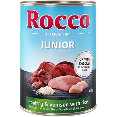 24x400g Junior Gevogelte, Wild, Rijst en Calcium Rocco Hondenvoer 24x400g Junior Gevogelte, Wild, Rijst en Calcium Rocco Hondenvoer