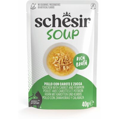 Voordeelpakket: 24x40g Schesir Kattensoep Kip met wortels en pompoen natvoer voor katten Voordeelpakket: 24x40g Schesir Kattensoep Kip met wortels en pompoen natvoer voor katten