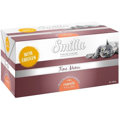 Smilla Fine Menu met Voortreffelijke Vulling 24 x 100 g - Kip, zalm en spinazie Smilla Fine Menu met Voortreffelijke Vulling 24 x 100 g - Kip, zalm en spinazie