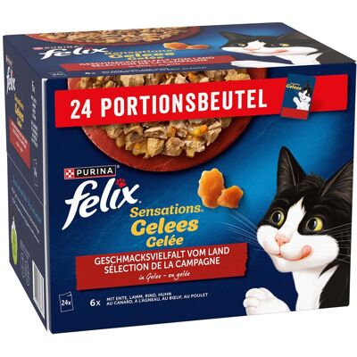 3 + 1 gratis! Felix natvoer voor katten - Sensations Maaltijdzakjes Smaakvariaties van het land in gelei 96 x 85 g 3 + 1 gratis! Felix natvoer voor katten - Sensations Maaltijdzakjes Smaakvariaties van het land in gelei 96 x 85 g