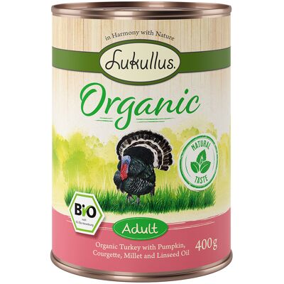 6x400g Lukullus Organic Adult Kalkoen met Courgette Glutenvrij Hondenvoer 6x400g Lukullus Organic Adult Kalkoen met Courgette Glutenvrij Hondenvoer