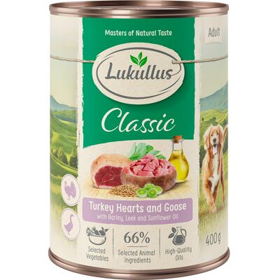 24x400g Combinatie VI: Kalkoenhartjes & Gans Lukullus Hondenvoer 24x400g Combinatie VI: Kalkoenhartjes & Gans Lukullus Hondenvoer