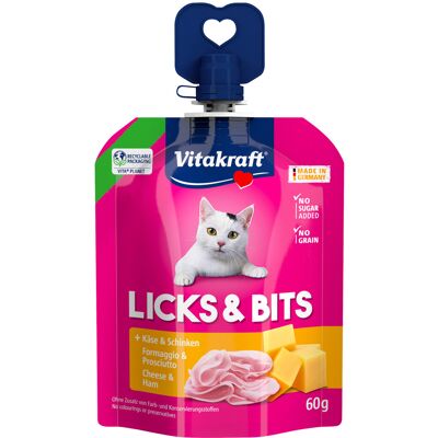 Voordeelpakket: 32x60g Vitakraft Licks & Bits Kaas & Ham kattensnacks Voordeelpakket: 32x60g Vitakraft Licks & Bits Kaas & Ham kattensnacks