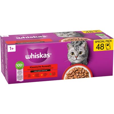 48 x 85 g 1+ Adult Maaltijdzakjes Klassieke selectie in saus: Rund, Lam, Gevogelte + Kip Whiskas Kattenvoer 48 x 85 g 1+ Adult Maaltijdzakjes Klassieke selectie in saus: Rund, Lam, Gevogelte + Kip Whiskas Kattenvoer