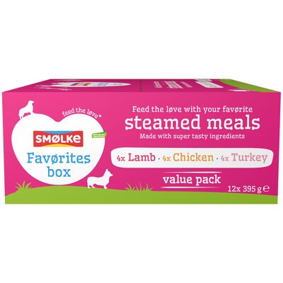 Smolke Smølke Gestoomde Maaltijden 12 x 395 g - Lievelingsmix (3 soorten) Smolke Smølke Gestoomde Maaltijden 12 x 395 g - Lievelingsmix (3 soorten)