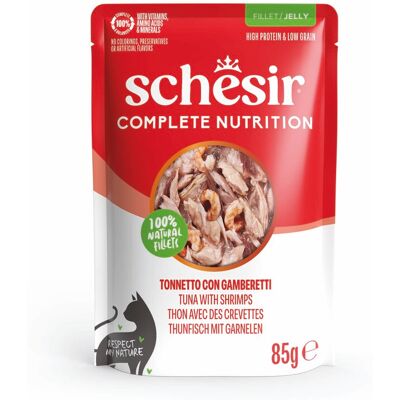 Voordeelpakket: 24x85g Schesir Complete Nutrition filet in gelei tonijn met garnalen nat kattenvoer Voordeelpakket: 24x85g Schesir Complete Nutrition filet in gelei tonijn met garnalen nat kattenvoer