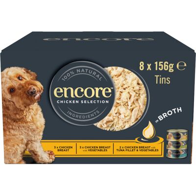 8x156g Kip selection Encore blikmix in bouillon Natvoer voor honden 8x156g Kip selection Encore blikmix in bouillon Natvoer voor honden
