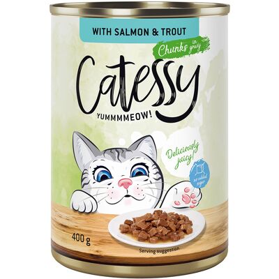 24x400g Hapjes in Saus of Gelei met Zalm en Forel in Saus Catessy Kattenvoer 24x400g Hapjes in Saus of Gelei met Zalm en Forel in Saus Catessy Kattenvoer