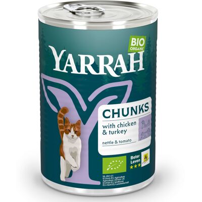 6x405g Bio Brokjes Kip en Kalkoen met Brandnetel & Tomaat Yarrah Kattenvoer 6x405g Bio Brokjes Kip en Kalkoen met Brandnetel & Tomaat Yarrah Kattenvoer