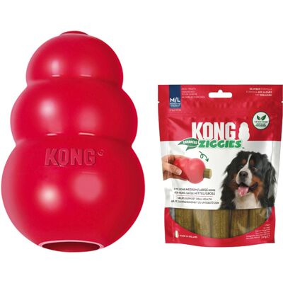 KONG Classic Rood - KONG L (10 cm) + Kong Ziggies Enhanced (227 g) KONG Classic Rood - KONG L (10 cm) + Kong Ziggies Enhanced (227 g)