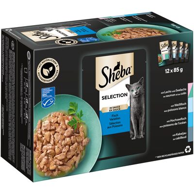 144x85g Selection in Saus (Zalm, Zeevis, Witvis, Diepzeevis, Kabeljauw) Sheba Variaties Maaltijdzakjes 144x85g Selection in Saus (Zalm, Zeevis, Witvis, Diepzeevis, Kabeljauw) Sheba Variaties Maaltijdzakjes