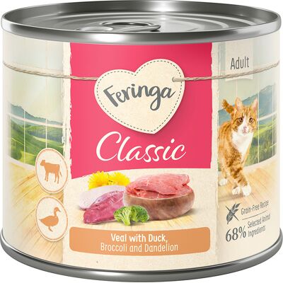 18x200g Eend & Kalf met Broccoli & Paardenbloem Feringa Classic Meat Menu Kattenvoer 18x200g Eend & Kalf met Broccoli & Paardenbloem Feringa Classic Meat Menu Kattenvoer