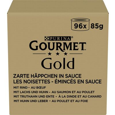 96x85g Gold Zachte Hapjes in Saus: Rund, Kip & Lever, Zalm & Kip Kalkoen & Eend Gourmet Kattenvoer 96x85g Gold Zachte Hapjes in Saus: Rund, Kip & Lever, Zalm & Kip Kalkoen & Eend Gourmet Kattenvoer