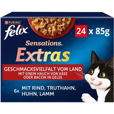 3 + 1 gratis! Felix natvoer voor katten - Sensations Extra in Gelei Kattenvoer Van het land 96 x 85 g 3 + 1 gratis! Felix natvoer voor katten - Sensations Extra in Gelei Kattenvoer Van het land 96 x 85 g