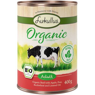 6x400g Lukullus Organic Adult Rund met Appel Glutenvrij Hondenvoer 6x400g Lukullus Organic Adult Rund met Appel Glutenvrij Hondenvoer