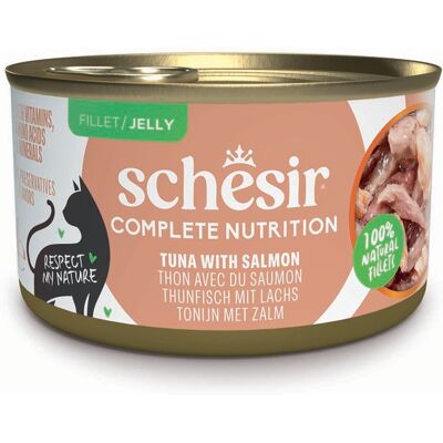 Voordeelpakket: 24x85g Schesir Complete Nutrition filet in gelei tonijn met zalm natvoer voor katten Voordeelpakket: 24x85g Schesir Complete Nutrition filet in gelei tonijn met zalm natvoer voor katten