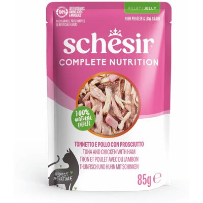 Voordeelpakket: 24x85g Schesir Complete Nutrition filet in gelei tonijn en kip met ham natvoer voor katten Voordeelpakket: 24x85g Schesir Complete Nutrition filet in gelei tonijn en kip met ham natvoer voor katten