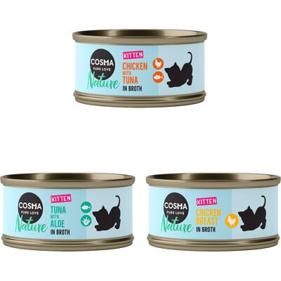 24x70g Kitten Mix (3 verschillende smaken) Cosma Kattenvoer 24x70g Kitten Mix (3 verschillende smaken) Cosma Kattenvoer