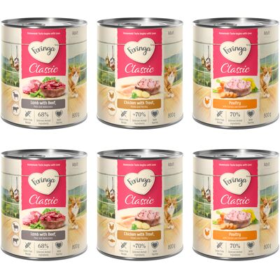 Probeermix Feringa Classic Meat 6 x 800 g Kattenvoer Mixpaket 1: Gevoegelte, Lam & Konijn, Kip & Forel Probeermix Feringa Classic Meat 6 x 800 g Kattenvoer Mixpaket 1: Gevoegelte, Lam & Konijn, Kip & Forel