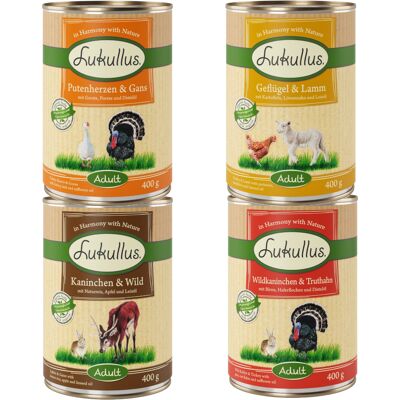 24x400g Combinatie VII (4 Smaken) Lukullus Hondenvoer 24x400g Combinatie VII (4 Smaken) Lukullus Hondenvoer