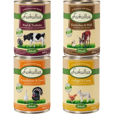 24x400g Combinatie III (4 Smaken) Lukullus Hondenvoer 24x400g Combinatie III (4 Smaken) Lukullus Hondenvoer