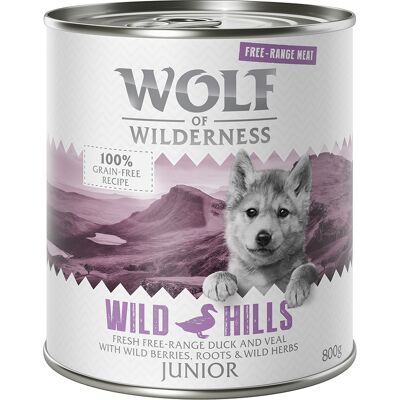 Wolf of Wilderness Junior "Scharrelvlees" 6 x 800 g Hondenvoer - Junior Wild Hills - Eend & Kalf Wolf of Wilderness Junior "Scharrelvlees" 6 x 800 g Hondenvoer - Junior Wild Hills - Eend & Kalf