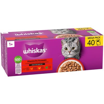 40x85g Whiskas 1+ Adult Vershoudzakjes Klassieke Selectie in Saus (4 soorten) nat kattenvoer 40x85g Whiskas 1+ Adult Vershoudzakjes Klassieke Selectie in Saus (4 soorten) nat kattenvoer