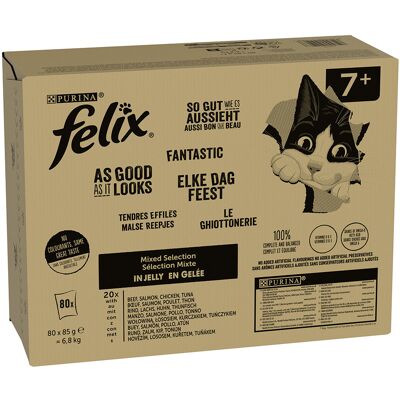 80 x 85 g Senior Mix: Rund, Zalm, Kip, Tonijn Felix kattenvoer 80 x 85 g Senior Mix: Rund, Zalm, Kip, Tonijn Felix kattenvoer