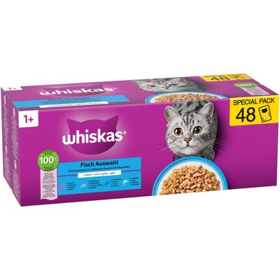 48 x 85 g Visselectie in gelei: Zalm, Tonijn, Kabeljauw, Witvis Whiskas +1 kattenvoer 48 x 85 g Visselectie in gelei: Zalm, Tonijn, Kabeljauw, Witvis Whiskas +1 kattenvoer