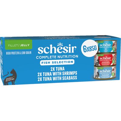 Voordeelpakket: 24x85g Schesir Complete Nutrition filet in gelei mix pack (3 soorten) nat kattenvoer Voordeelpakket: 24x85g Schesir Complete Nutrition filet in gelei mix pack (3 soorten) nat kattenvoer