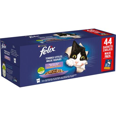 Felix "Zo goed als het eruit ziet" zakjes 44 x 85 g - Kip, Zalm, Zabeljauw, Eend Felix "Zo goed als het eruit ziet" zakjes 44 x 85 g - Kip, Zalm, Zabeljauw, Eend