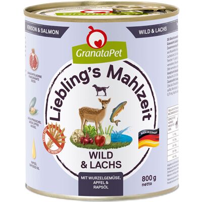 6x800g GranataPet Lievelingsmaaltijd Wild & Zalm, Knolgewas, Venkel, Appel & Koolzaadolie Hondenvoer 6x800g GranataPet Lievelingsmaaltijd Wild & Zalm, Knolgewas, Venkel, Appel & Koolzaadolie Hondenvoer