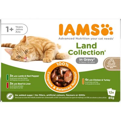 48x85g Land Mix in Saus IAMS Delights Kattenvoer 48x85g Land Mix in Saus IAMS Delights Kattenvoer