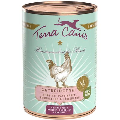 Terra Canis Graanvrij 6 x 400 g - Kip met Pastinaak, Paardenbloem en Bosbessen Terra Canis Graanvrij 6 x 400 g - Kip met Pastinaak, Paardenbloem en Bosbessen