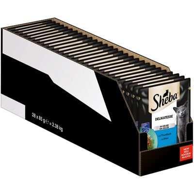 56 x 85 g Megapack Sheba varianten Maaltijdzakjes delicatesse in gelei met tonijn nat kattenvoer 56 x 85 g Megapack Sheba varianten Maaltijdzakjes delicatesse in gelei met tonijn nat kattenvoer