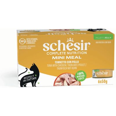 Voordeelverpakking 24x50g Schesir Complete Nutrition in gelei tonijn met kip nat kattenvoer Voordeelverpakking 24x50g Schesir Complete Nutrition in gelei tonijn met kip nat kattenvoer