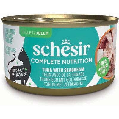 Voordeelpakket: 24x85g Schesir Complete Nutrition filet in gelei tonijn met zeebrasem nat kattenvoer Voordeelpakket: 24x85g Schesir Complete Nutrition filet in gelei tonijn met zeebrasem nat kattenvoer